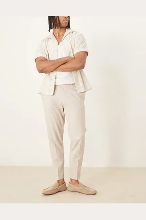 ASOS Smart tapered fit linen blend trousers in stone with turnups