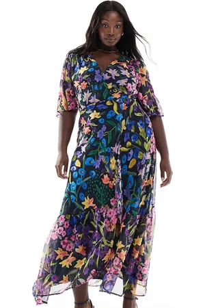 HOPE & IVY Flutter sleeve maxi wrap dress with tie waist in multi