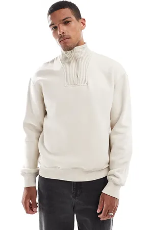 Bershka Ribbed neck 1/4 zip jumper in light beige