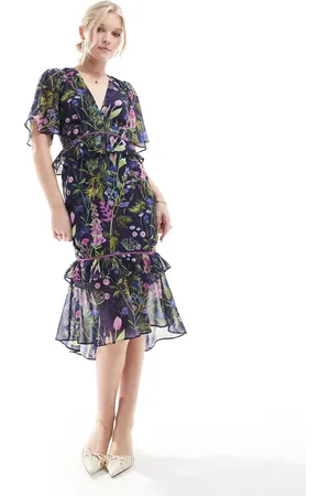 HOPE & IVY Midi tea dress with peplum waist in print