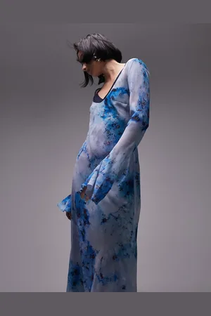 Topshop Distressed blue floral trim detail maxi dress