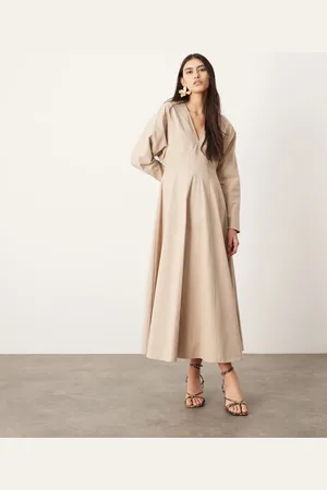 ASOS V neck long sleeve midaxi dress in stone