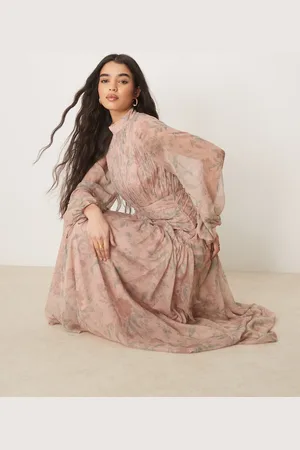 ASOS High neck ruched chevron detail maxi dress in blurred pink floral print