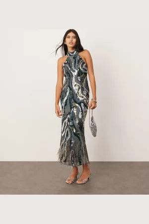 ASOS Embellished swirl high neck maxi dress in with fringe in dark blue