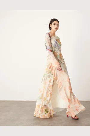 ASOS Long sleeve bias panelled maxi dress in pink floral print