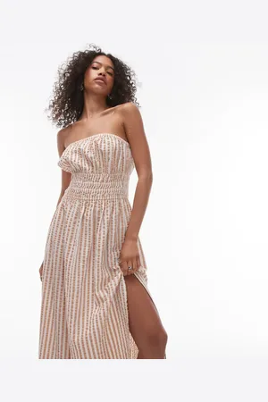Topshop Textured bandeau beach dress in brown stripe