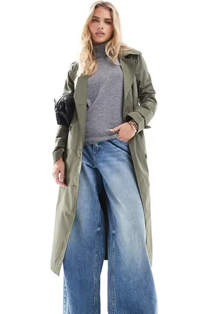 Brave Soul Petite longline belted trench in khaki