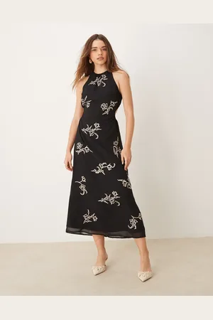 ASOS All over floral embroidered halter midi dress with open back in