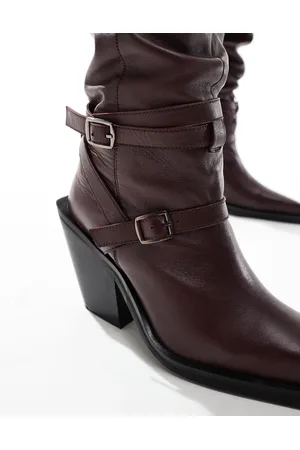 ASOS Kingfisher leather ruched over the knee boots with buckles in burgundy
