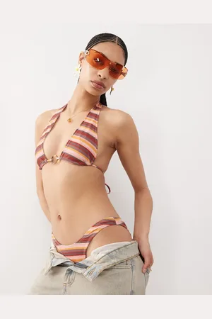 Motel Cerry bead detail striped bikini top in