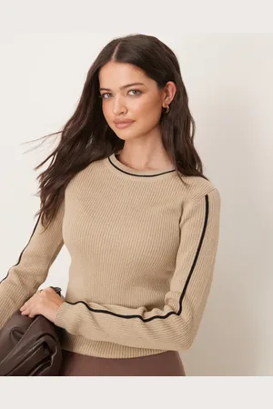 JDY Contrast details ribbed knitted jumper in beige