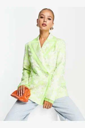 ASOS Nipped waist jacquard blazer with ruffle detail in lime