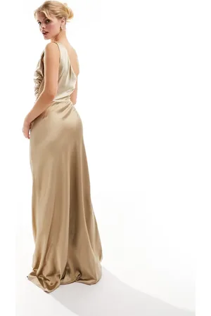 Six Stories Bridesmaids one shoulder satin maxi dress in champagne