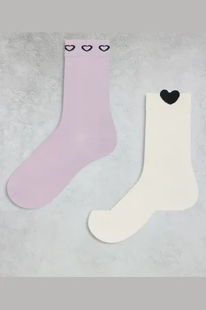 Monki 2 pack crew sock with heart detail in pink and off-white