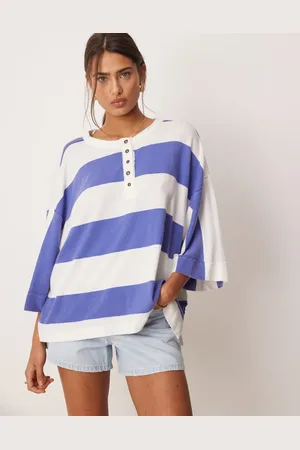 Free People Bold stripe half button t-shirt in