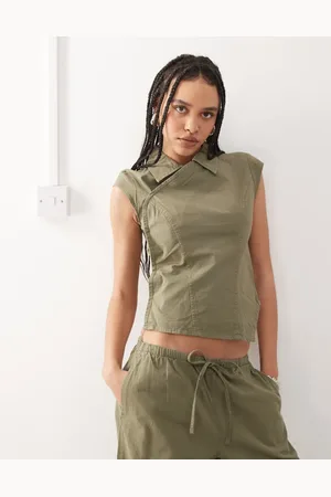 Weekday Dakar mix & match ripstop top with collar and concealed buttons in khaki