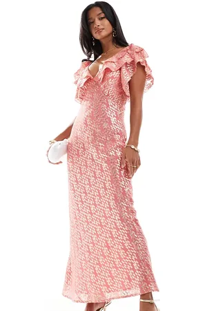 Never Fully Dressed Petite Tilda gold fleck ruffle maxi dress in pink