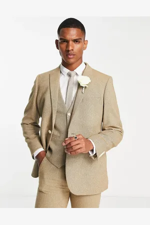 ASOS Wedding skinny wool mix suit jacket in camel basketweave texture