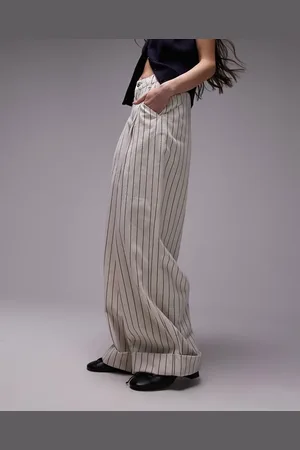 Topshop Stripe wide leg turn back hem trourser in ecru