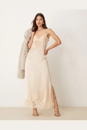 Miss Selfridge Satin lace cami maxi dress in neutral