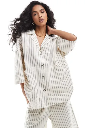 VERO MODA Aware oversized cotton jacket co-ord in off pinstripe