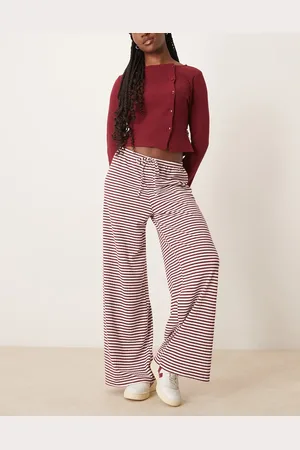 Gina Tricot Straight leg soft trousers in burgundy red and white stripe