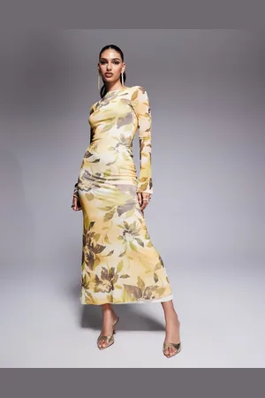 ASOS Angel sleeve mesh midi dress with open back and tie details in yellow floral print