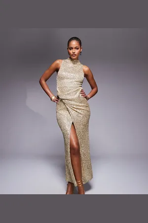 ASOS ASOS DESIGN Tall sequin high neck midi dress with twisted cowl skirt detail in