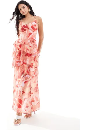 Pretty Lavish Open back ruffle maxi dress in red and pink
