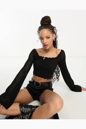 Miss Selfridge Crochet knit square neck long sleeve top in