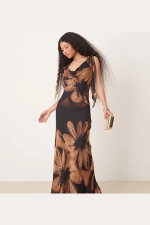 Miss Selfridge Tie shoulder cowl neck slip dress in brown large floral print