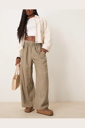 Free People Days end linen pull on trousers in khaki