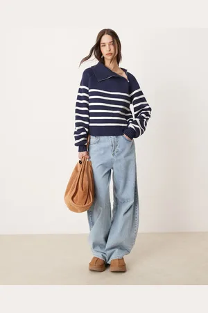 Pimkie Asymmetric zip collar oversized jumper in and white stripe