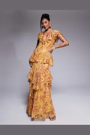 ASOS Scoop neck flutter sleeve ruffle tiered midaxi dress in mustard floral print