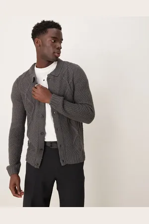 ASOS Cable knitted cardigan with collar in charcoal