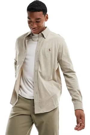 Ralph Lauren Icon logo button down pique shirt in beige marl