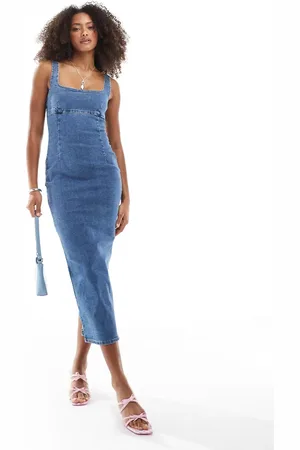 Bershka Strappy bodycon denim shaping maxi dress in light