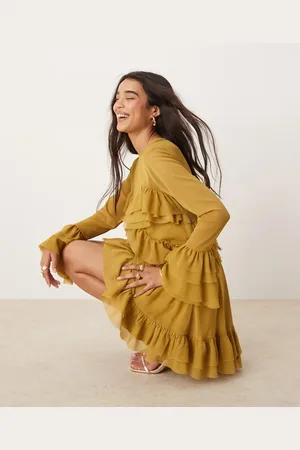 ASOS Long sleeve ruffle tiered mini dress in ochre