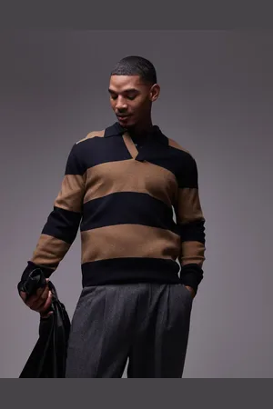 MANGO Rugby polo shirt in brown & stripe