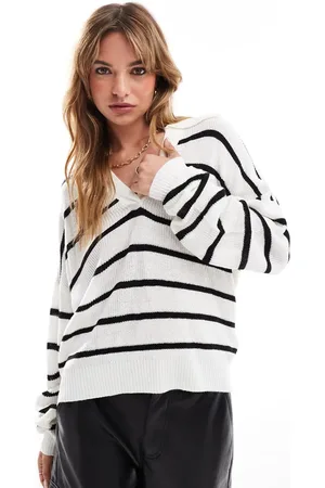 Brave Soul Polo collar striped jumper in & black