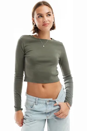 Stradivarius Round neck long sleeve cotton t-shirt in sage