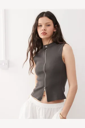 Weekday Zoe zip through rib top in brown