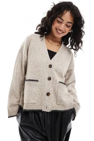 ASOS Boxy cardigan with v neck and pocket detail in oatmeal with contrast trim