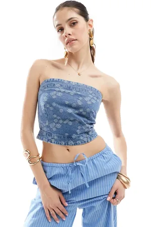 VERO MODA Bandeau denim crop top in embroidered floral print