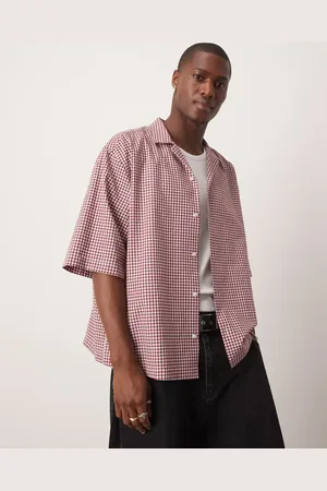 ASOS Oversized boxy shirt with half sleeve in burgundy mini check