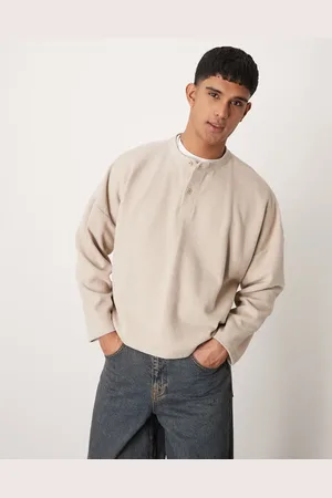 ASOS Super oversized cropped heavyweight rib henley jumper in stone