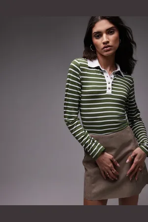 Topshop Jersey shrunken long sleeve rugby top in olive stripe