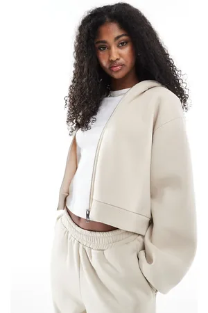 Miss Selfridge Oversized zip through hoodie in oatmilk