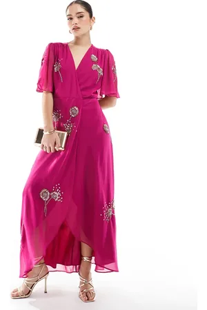 HOPE & IVY Embellished flutter sleeve maxi wrap dress with tie waist in magenta