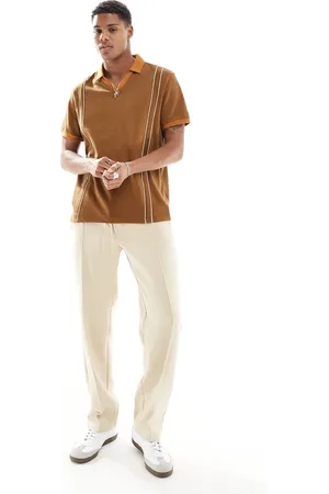 ASOS Relaxed revere polo shirt in textured tan with piping